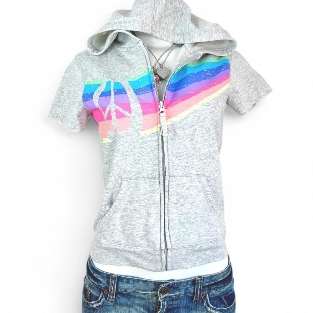y2k grey rainbow peace graphic zip up hoodie top